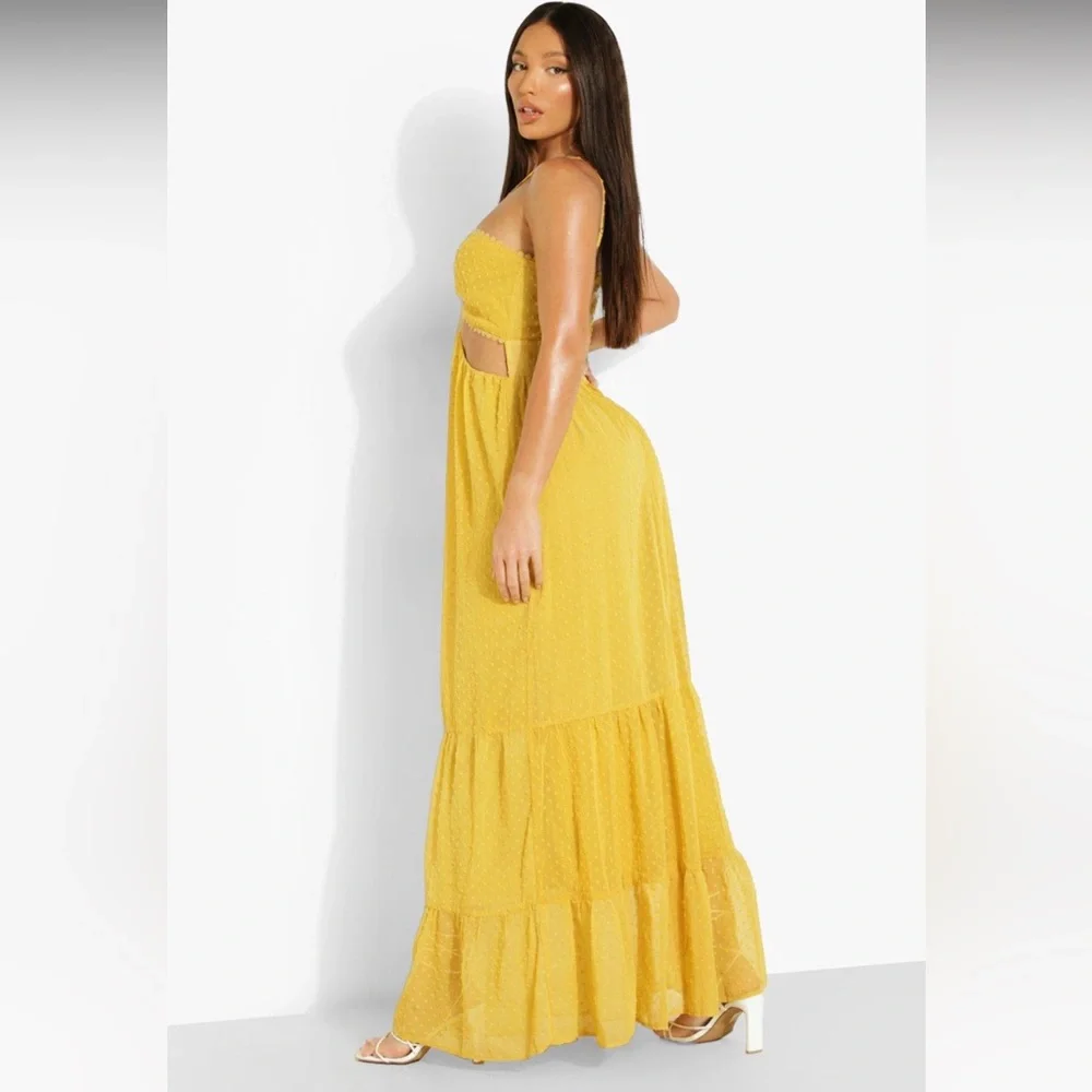 YELLOW TALL HALTER CUT OUT DOBBY MAXI DRESS. SIZE 8 (TALL- MADE FOR 5’7 & UP) - Picture 2 of 3